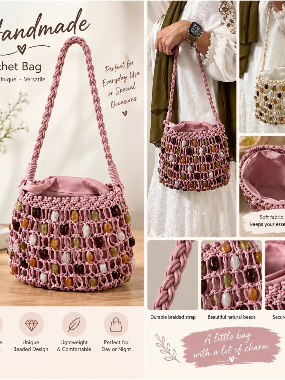 Handmade Pink Beaded Crochet Bucket Bag